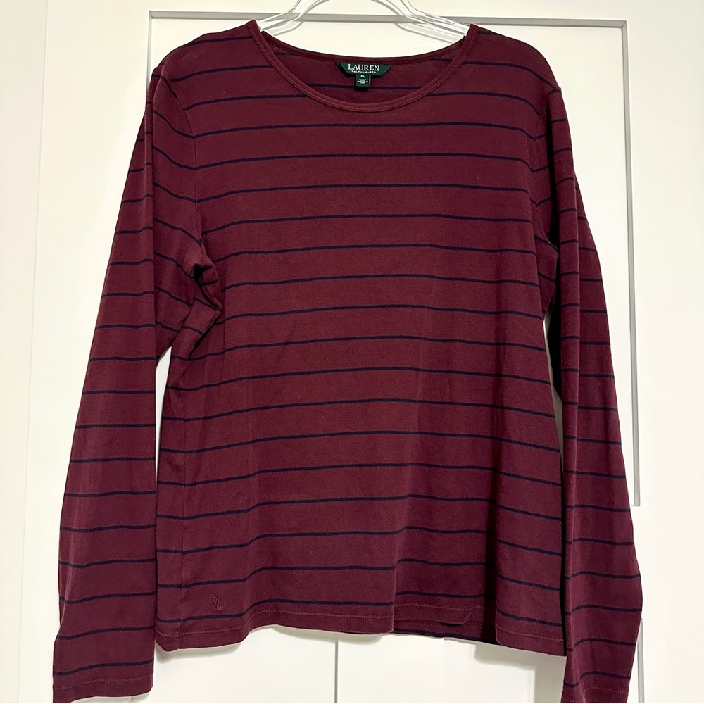 Ralph Lauren Maroon and Navy Striped Long Sleeve Shirt • XLarge